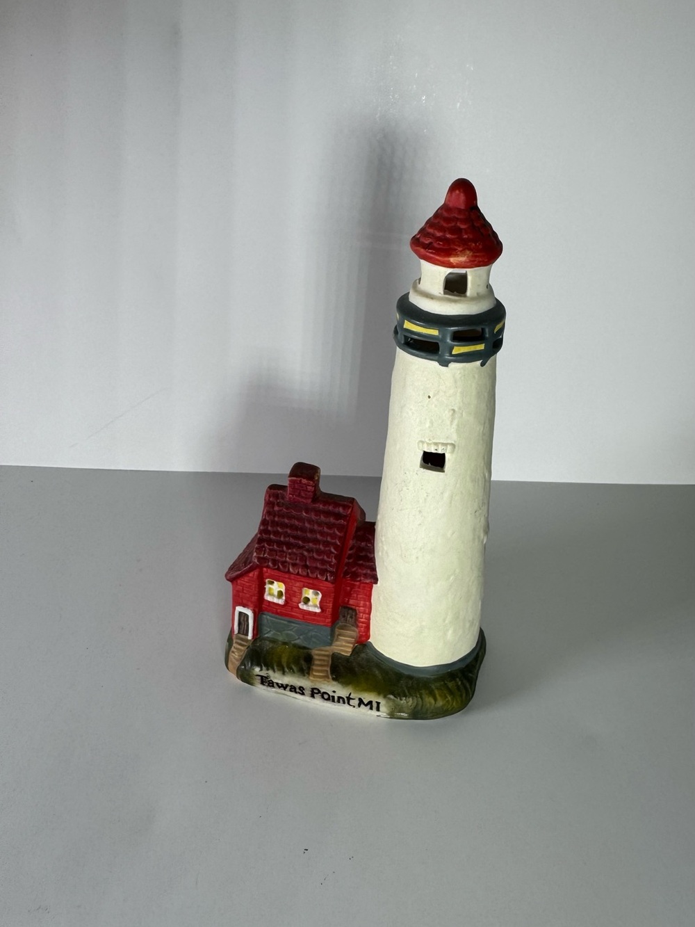 Tawas Point MI Lighthouse Figurine Hand Painted Ceramic Nautical Red Roof